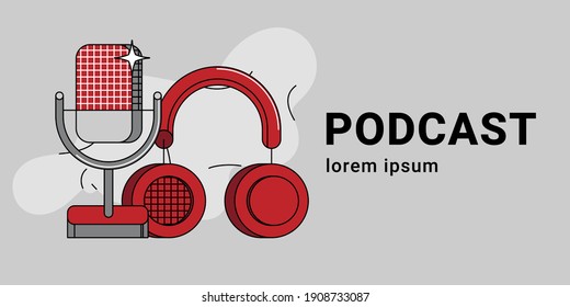 Herramientas de medios, audífonos e ícono de garabato de micrófono. Equipo de grabación de sonido, instalaciones de radiodifusión. Artículos de estudio de podcast, micrófono y auriculares dibujo de color aislado