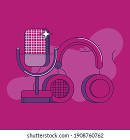 Media tools, earphones and mic doodle icon. Sound recording equipment, broadcasting facilities. Podcast studio items, microphone and headphones isolated color drawing