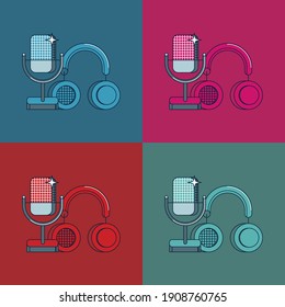 Media tools, earphones and mic doodle icon. Sound recording equipment, broadcasting facilities. Podcast studio items, microphone and headphones isolated color drawing