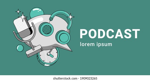 Media tools, earphones and mic doodle icon. Sound recording equipment, broadcasting facilities. Podcast studio items, microphone and headphones isolated color drawing