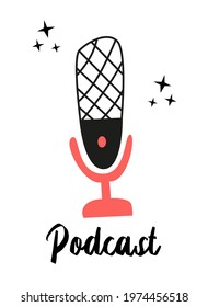 Media tools, earphones and mic doodle icon. Sound recording equipment, broadcasting facilities handdrawn vector illustration. Podcast studio items, microphone and headphones isolated color drawing