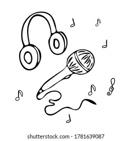 Media tools, earphones and microphone. Sound recording equipment, broadcasting facilities handdrawn vector illustration. Podcast studio items, contour drawing