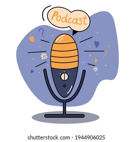 Media Tools, Mic And Speech, Sound Recording Device. Colorful Bright Vector Illustration Of Microphone For Television And Radio Broadcasting In Doodle Style