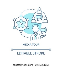 Media tour turquoise concept icon. Online company presence. Business promotion abstract idea thin line illustration. Isolated outline drawing. Editable stroke. Arial, Myriad Pro-Bold fonts used
