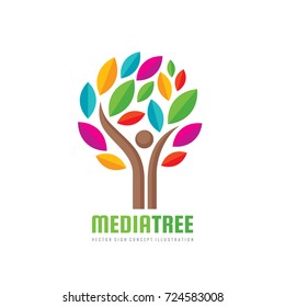 Media tree - positive vector logo template. Human character concept illustration. People man sign. Music festifal emblem Internet blog icon. Success symbol. 