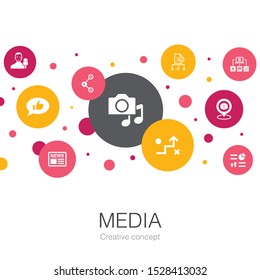 media trendy circle template with simple icons. Contains such elements as news, reporter, Infographics, plan