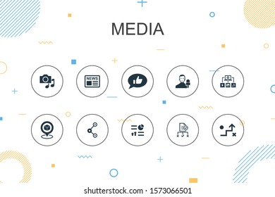 media trendy Infographic template. Thin line design with news, reporter, Infographics, media plan icons