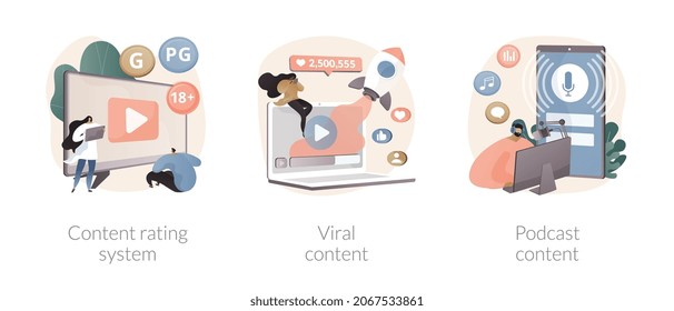 Conjunto de ilustraciones vectoriales abstractas de contenido de medios y tv. Clasificación de contenido, contenido viral, creación de podcast, juegos y aplicaciones, producción de video, marketing atractivo, metáfora abstracta del entretenimiento.