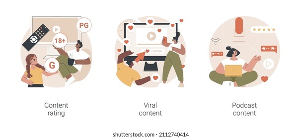 Conjunto de ilustraciones vectoriales abstractas de contenido de medios y tv. Clasificación de contenido, contenido viral, creación de podcast, juegos y aplicaciones, producción de video, marketing atractivo, metáfora abstracta del entretenimiento.