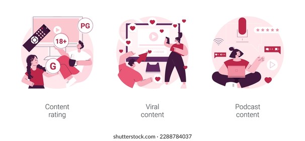 Media and tv content abstract concept vector illustration set. Content rating, viral content, podcast creation, games and apps, video production, engaging marketing, entertainment abstract metaphor.