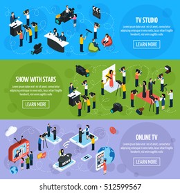 Media tv isometric horizontal banners with reporters and journalists in different situations vector illustration
