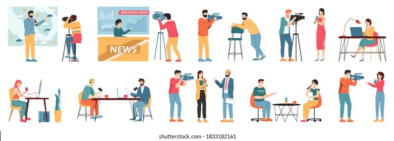 Media TV Journalists. Talk Show Hosts, News Presenters And Broadcast Journalist, Television Industry Videographers Crew Vector Illustration Set. Weather Forecast And Breaking News Hosts