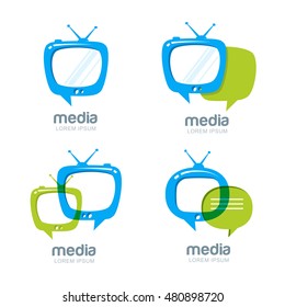 Media and tv news vector logo design template. Television broadcast concept. Isolated tv speech bubble icons set.