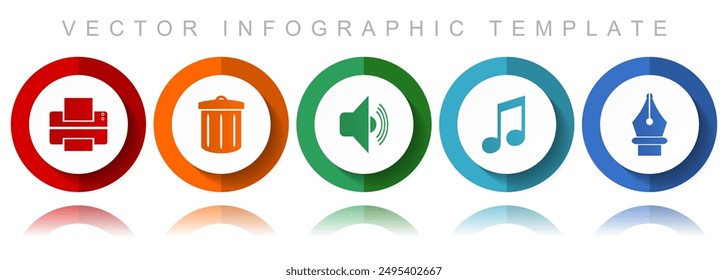 Media vector icon collection, miscellaneous icons such as printer, trash can, speaker, note and pen, flat design infographic template in eps 10