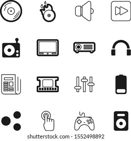 media vector icon set such as: vinyl, icons, television, fun, gaming, show, headphone, frame, copy, box, fast, voice, gamepad, negative, battery, load, studio, send, mouse, concept, fm, photo, joypad