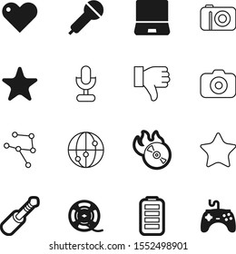 media vector icon set such as: filmstrip, picture, connect, flame, dvd, console, 3d, negative, load, heart, film, up, spool, alkaline, blank, day, full, information, networking, orbit, joypad, round