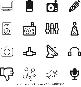 media vector icon set such as: switch, tool, radar, website, sing, mic, emblem, simple, down, energy, monitor, message, player, fuel, aerial, battery, old, earphone, device, camera, announce, speech