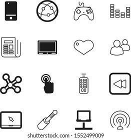 media vector icon set such as: decoration, outline, jack, plug, cable, day, interface, stereo, people, mouse, planet, gesture, radio, neon, connect, leader, orbit, display, daily, map, member, tower