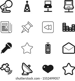 media vector icon set such as: press, creative, rounded, email, pushpin, tower, article, contact, push, front, backward, happy, global, dish, address, news, signal, power, surveillance, back, simple