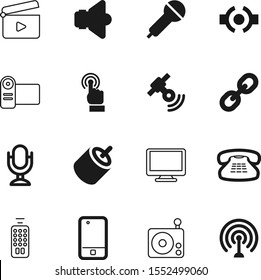 media vector icon set such as: cell, television, speaker, loudspeaker, concept, vintage, touch, wave, click, strength, view, connectivity, blue, press, desktop, monitor, broken, creative, hand, dial