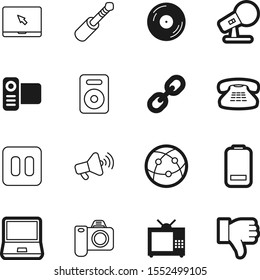 media vector icon set such as: television, thumb, alkaline, telephone, broken, battery, antique, blue, charger, call, plug, cinema, no, disk, bad, device, security, estate, negative, voting