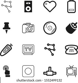 media vector icon set such as: click, point, hardware, social, cable, rec, cds, thumbtack, connected, loudspeaker, bulletin, device, remote, connections, love, cd, light, paper, wire, news