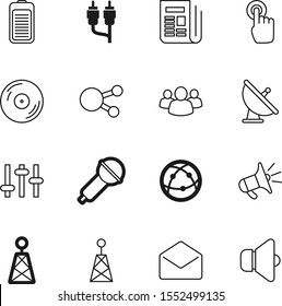 media vector icon set such as: sing, outline, data, science, pointer, address, work, logo, click, hand, microphone, mail, speak, share, compact, front, hardware, connector, electric, metal, image