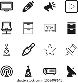 media vector icon set such as: communicate, interface, abstract, attach, alarm, loud, paper, keypad, bright, icons, studio, film, play, satellite, mark, social, push, announcement, desktop, market