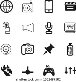 media vector icon set such as: tack, pictogram, hand, speaker, logo, reel, pin, home, pointer, musical, alert, tap, map, disc, station, gaming, signal, pad, clap, joystick, burn, announce, call, loud