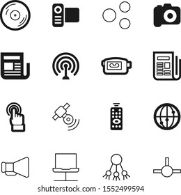 media vector icon set such as: touchscreen, green, photographic, neon, tap, push, screen, station, music, surveillance, globe, plug, controller, socket, cd, finger, planet, television, home