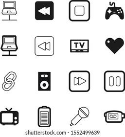 media vector icon set such as: pc, sing, antique, signal, speak, gaming, photo, pauses, bass, radio, full, happy, vocal, microphone, fuel, musical, loudspeaker, game, silhouette, love, pad, energy