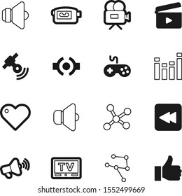 media vector icon set such as: cinematography, yes, computer, gesture, documentary, electric, home, joypad, fast, digital, show, mark, projector, thumb, scene, board, announce, space, multimedia