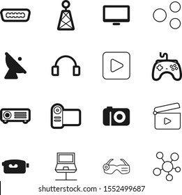 media vector icon set such as: desktop, cloud, notebook, scene, gamepad, data, glass, projector, headset, speaker, radar, control, joystick, shiny, floodlight, cut, camcorder, clapper, emblem