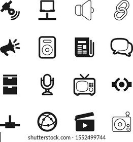 media vector icon set such as: musical, bubble, structure, tv, record, newspaper, entertainment, outline, alert, link, article, map, text, ball, logo, notebook, cut, comic, director, box, fm, cinema