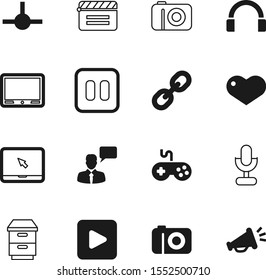 media vector icon set such as: pause, bright, link, electrical, message, clap, television, people, connect, fun, slate, notebook, person, linked, joypad, man, production, talking, connected, alert