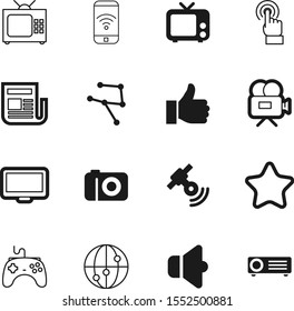 media vector icon set such as: agreement, control, sms, connect, electronics, phone, set, networking, send, art, verify, outline, ok, tap, silhouette, desktop, interactive, wide, like, joystick, code