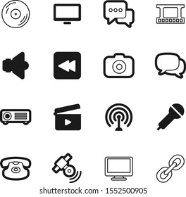 media vector icon set such as: backward, surveillance, security, vocal, clap, wireless, volume, concert, slate, microphone, network, broadcast, stereo, play, silhouette, plastic, cds, chain, capture