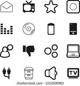 media vector icon set such as: notebook, service, pc, hardware, alkaline, antique, studio, thumb, voice, mark, jack, talk, two, mobile, electronic, talking, bubble, person, generation, vinyl, chat