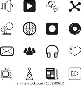 media vector icon set such as: message, loudspeaker, day, show, press, publish, bright, start, cd, concert, publication, speech, globe, person, community, website, crowd, old, red, article, dvd