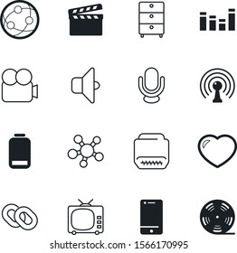 media vector icon set such as: networking, smartphone, filmstrip, chain, slate, passion, electric, noise, cooperation, level, share, full, fuel, globe, coverage, save, picture, tv, microphone, empty