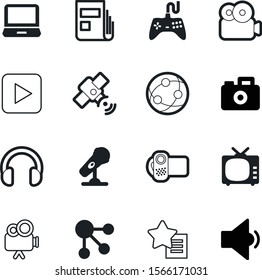 media vector icon set such as: a, save, add, photography, stage, voice, wishlist, control, photograph, satellite, science, office, speak, pad, group, top, earth, blog, favorite, electrical, tool