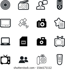 media vector icon set such as: creative, speaking, wave, speaker, film, fm, man, tracking, personal, electrical, dialog, wishlist, channel, rock, pc, photographic, add, child, record, dish, fill