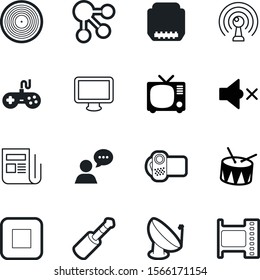 media vector icon set such as: newspaper, bubble, article, vinyl, cloud, snare, dish, art, social, noise, track, man, finance, drums, satellite, volume, jack connector vector icon, message, office