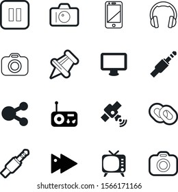 media vector icon set such as: volume, control, space, pinned, tracking, old, system, electronics, surveillance, concept, photocamera, movie, computer, electronic, paper, fm, needle, linked, link