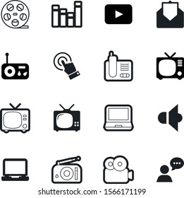 media vector icon set such as: broadcasting, reel, fill, equalizer, singer, record, elegance, new, press, stereo, track, signal, melody, man, device, ip, advice, talking, green, frequency, tuner