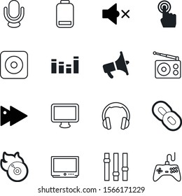 media vector icon set such as: melody, switch, connection, frequency, mute, console, game, regulator, tuner, headset, energy, headphone, turn, vinyl, electronics, hand, battery, speak, burn, security