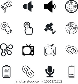 media vector icon set such as: news, broadcasting, group, company, information, cell, loud, template, telephony, label, science, database, badge, social, blog, share, signal, level, real, video, dish