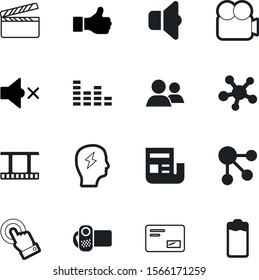 media vector icon set such as: envelope, loud, hollywood, play, tap, person, equalizer, message, studio, record, leadership, stereo, speaker, off, clapboard, cursor, news, employee, disco, people
