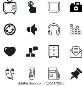 media vector icon set such as: news, newspaper, love, equalizer, talking, heart, antenna, flash, navigation, listen, push, bar, classic, melody, attachment, letter, tuner, electric, email, pattern