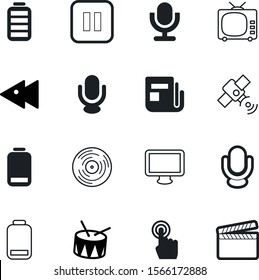 media vector icon set such as: communicate, buttons, clap, drumstick, drummer, scene, dark, telecommunication, lcd, clipboard, pointer, toy, telephony, gramophone, film, finger, wireless, brown, blue
